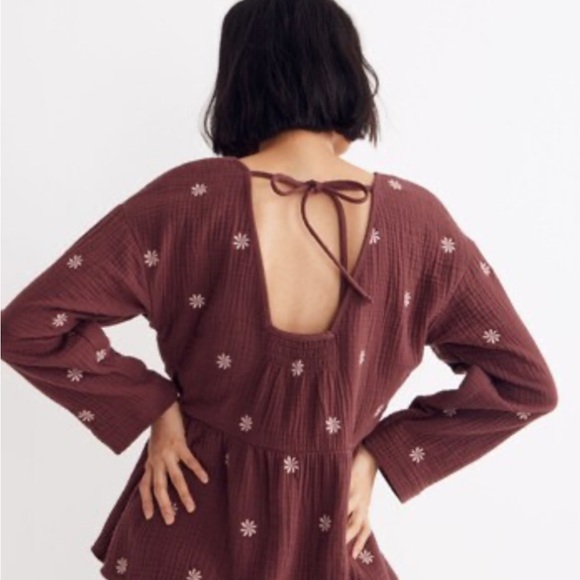 Madewell embroidered lightspun open back peplum top, xs - Picture 2 of 4